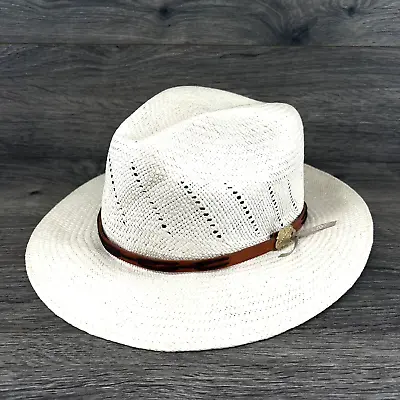 Vintage Adventurer Straw Outback Fedora Hat Size L Beige Tall Hat Leather Band • $28.04