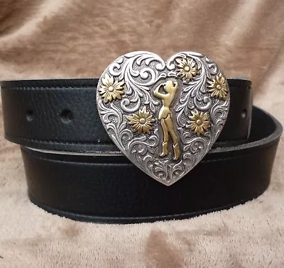  Black Real Leather Belt Cowgirl Heart Western Cowboy Belts 38mm Snap On DR5 • £24.99