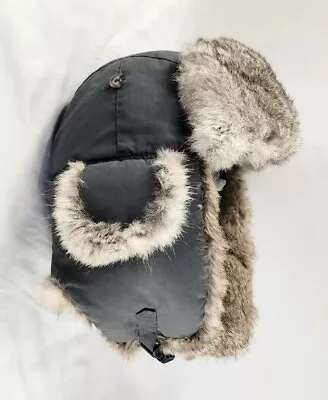 Genuine MAD Bomber Blue Hat Natural Rabbit Fur Warm W/Snap Closure Adult XXL • $22.65