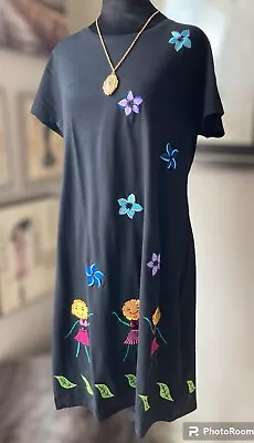 Michael Simon Lite Women Large Black T-Shirt Dress Spring Floral Embroidery NWT • $40