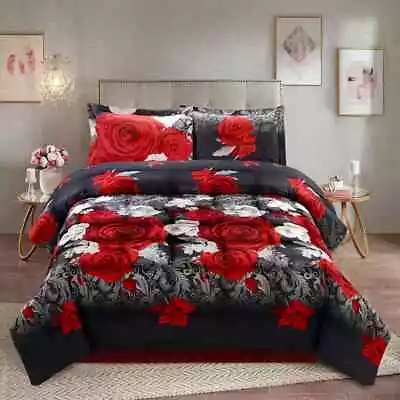 HIG 3 Piece 3D Red And White Rose Print Box Stitched Comforter Set In Queen King • $38.99