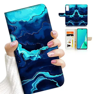 $13.99 • Buy ( For Oppo A57 / A57S ) Wallet Flip Case Cover AJ23400 Blue Marble