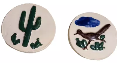 Set Of 2 Clay Hand Painted Pottery Southwestern Cactus Road Runner Bird Magnets • £9.88