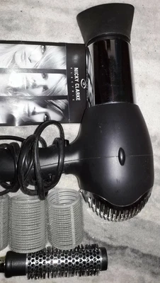 Nicky Clarke 2000w Hair Dryer Black Chrome Blow Dry Kit Rollers Brush New Bookle • £28