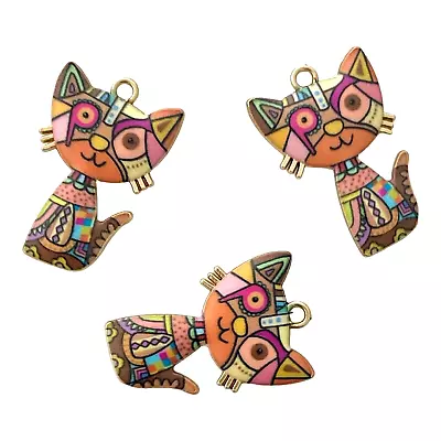 10 Cat Charms Pendants Abstract Steampunk Art Kitty Gold Bead Drop 30x19mm • $4.99