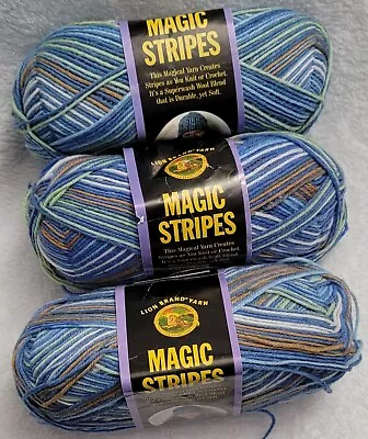 New Mixed Lot 3 Skeins Lion Brand Magic Stripes Yarn Multi-Blue 330yds • $20