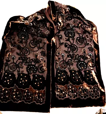 Vtg 90s Burnout Velvet Beaded Jewel Paisley Chocolate Oblong Scarf Lined 53x9.5 • $16.99