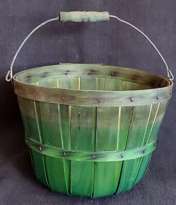 Vtg Green Bushel Produce Basket Split Slat Wood Handle Country Xmas 8  Dia • $22