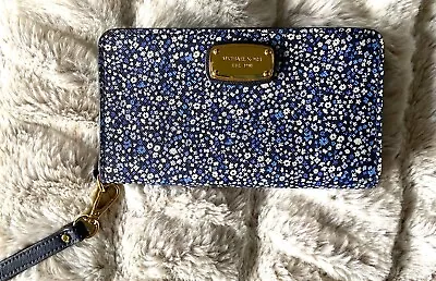 Michael Kors MK Blue Multi Floral Cell Phone Case Wallet Wristlet W/ Gold Accent • $35