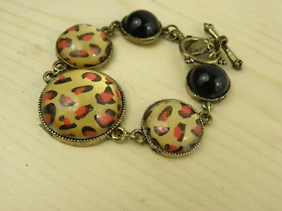 J Crew Animal Print Domed Cabochon Link Bracelet Gold Tone Toggle Statement • $2.70