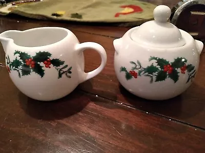 BIA CORDON BLEU CHRISTMAS CREAMER & SUGAR BOWL Holly Tea Set VINTAGE White Green • $8.10