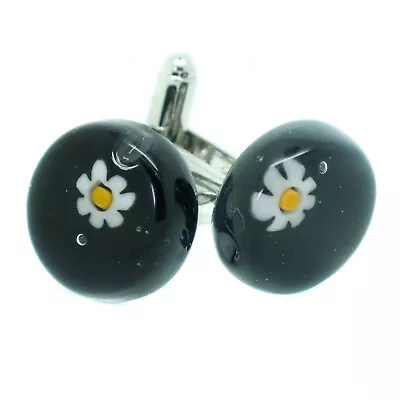 Murano Glass Cufflinks Circular Black White Yellow Venice Wedding Made In Italy • £15.95