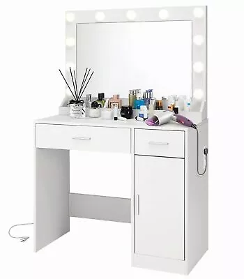 Vanity Desk With Lighted Mirror & Power Outlet White Makeup Vanity Desk+Drawers~ • $168.99