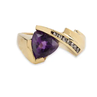 Vintage 14k Yellow Gold .75ct Amethyst .05cttw Diamond Abstract Ring 5.5 • $399.50