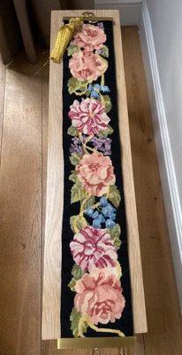 £28.99 • Buy Needlepoint Tapestry Floral Victorian Bell Pull Brass Ends Gold Tassel Completed