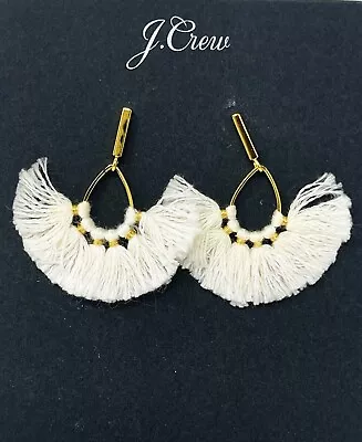 New J. Crew Gold Tone White Fringed Fan Bohemian Dangle/Drop Pierced Earrings • $9.99