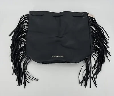 VICTORIA SECRET Faux Leather Black Backpack Fringe Purse Boho Bag • $13.95