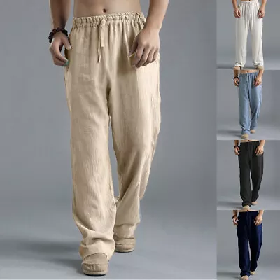 Mens Solid Cotton Linen Baggy Long Pants Casual Loose Beach Buttoms Trousers • $21.99