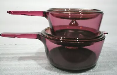 Vision Corning Cranberry 1.5 & 2.5 L Sauce Pans & Pyrex Lid Non-Stick USA  • $60