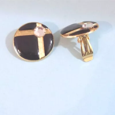 Vintage Earrings Clip On Round Goldtone Black Enamel Crystal • $16