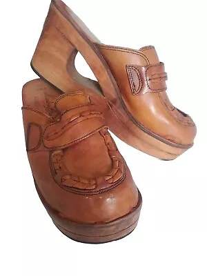 VTG 70s Made In Brazil Leather Wooden Cutout Platform Wedge Clogs Shoes 9B RARE • $24.99