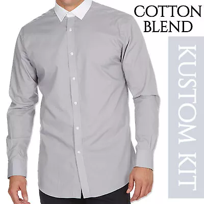 Mens Formal Long Sleeve Shirt Business Shirts Grey Contrast Collar Stylish UK  • £8.99