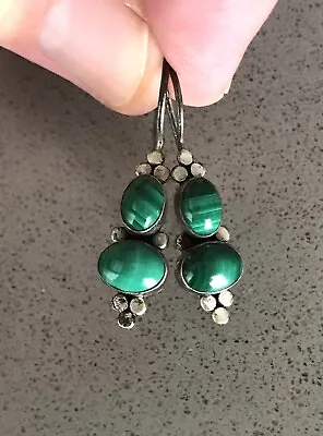 Vintage Navajo Sterling Silver 2-Stone Green Malachite Drop Dangle Earrings • $25