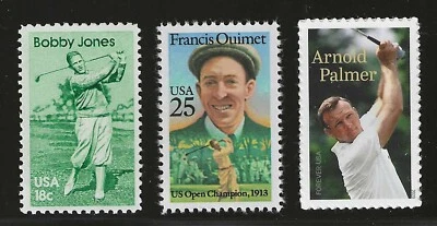 $5.95 • Buy Golf Champions - Bobby Jones, Francis Ouimet, Arnold Palmer - Set Of 3 Stamps