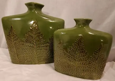 Vintage Square Green Vases With Pine Trees Textured Ceramic 12'' & 9'' Set Of 2 • $54.99