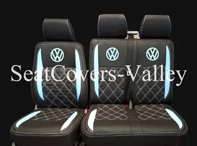 VW Transporter T5 T6 Front Row (1+2) 3 Seater Leatherette Seat Cover VW Logos • $205.35
