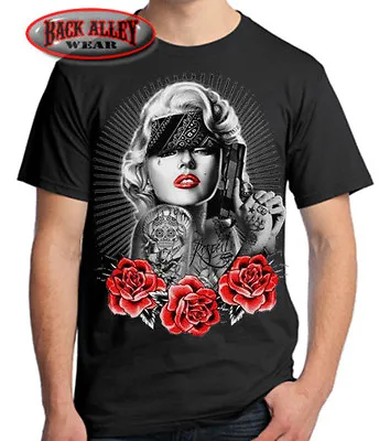 Marilyn Monroe PAIN T-SHIRT M-3XL Hollwood Gangster W/ Bandana Tats Roses & Gun • $15.99