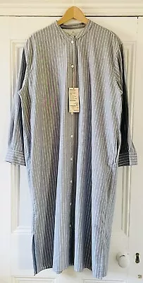 MUJI Womens Washed Oxford Stand Collar Blue White Pinstripe Long Shirt Dress M-L • £39.99