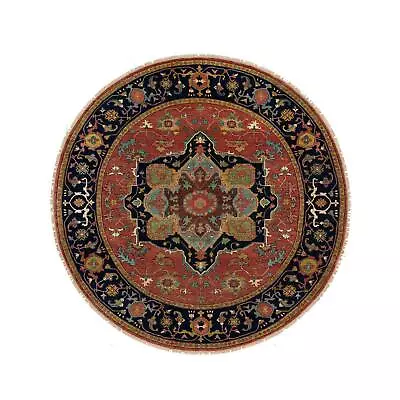 7'x7' Venetian Red Wool Hand Knotted Antiqued Heris Round Oriental Rug R90284 • $2435.40