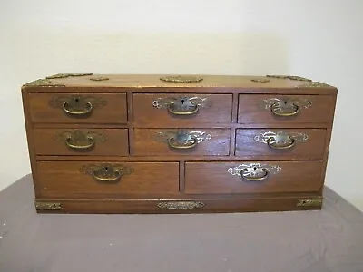 Mid 20th C. English Mahogany Wooden Jewelry Box Chest W/ Brass Accents • $99.99