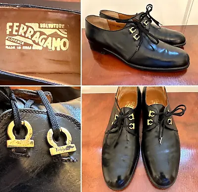 FERRAGAMO Sz 9 Black Leather Plain-Toe Derby Brass Horse-Bit Eyelet Dress Shoes • $119.99