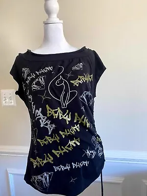 Baby Phat  Black Silver & Gold Words Graffiti Scribbled Printed Top Size 1X Y2K • $19.99