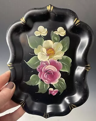 Vintage Lot Of (4) Hand Painted Art Gift Black Toleware Tip Trays Flowers  Snack • $25