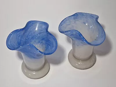 Pair Of Signed Vasart Scottish Art Glass Vases - Blue - Wavy Rim • £35