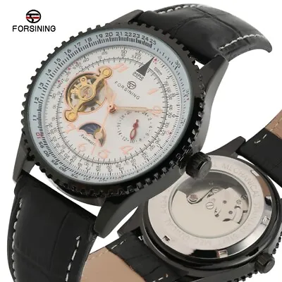 FORSINING Mens Auto Mechanical Wrist Watch Leather Sun Moon Phase Dial Watches • $30.40