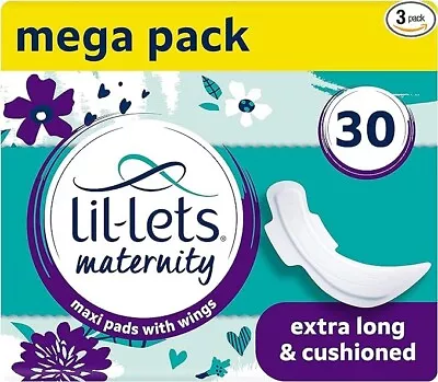 Lil-Lets Maternity Pads Extra Long Maxi Thick Towels X 30 With Wings 3 Packs • £10