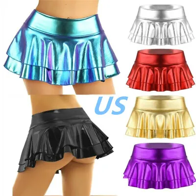 US Sexy Women Shiny Metallic Ruffled Skirt Ladies Wetlook Dance Mini Skirt Club • $10.05