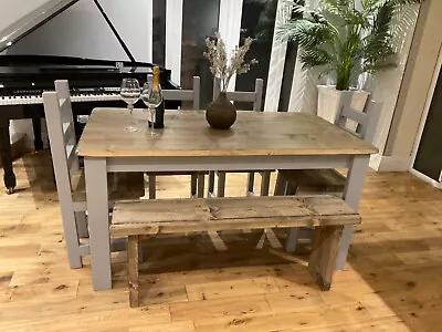 Farmhouse Style Rustic Dining Table And 4 Chunky Chairs And A Bench • £595