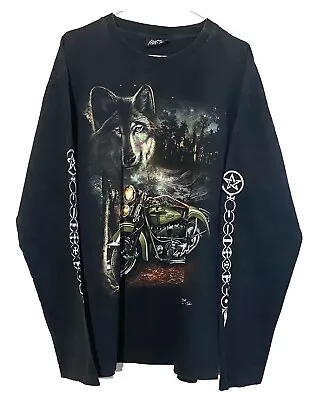 £48 • Buy Vintage Longsleeve Wolf Bike Mountains Bicycle T-shirt Night Black Metal Tee
