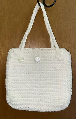 Vintage Handmade White Crochet Knit Shoulder Boho Lined Handbag Bag Purse • $6.55