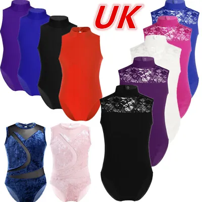 UK Kids Girls Sleeveless Lace Splice Ballet Dance Gymnastics Leotard Dancewear • £3.32