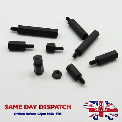 Black Plastic Nylon Hex Spacer M3 Male-Female Screw Nut Standoff Pillar Nylon • £2.12