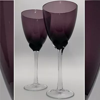 Murano Wine Goblet/Drinking Glass Lavender Tulip Stem 2pc Set Italy 9.5 T 14oz • $40