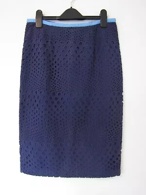 Boden Size UK 8R Broderie Anglaise Cotton Pencil Skirt Back Zip Contrast Trim • £8.99