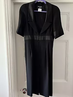 Rare Vintage 90’s Chanel Navy Blue V Neck Silk Day Dress Worn Once Size 42 • £650