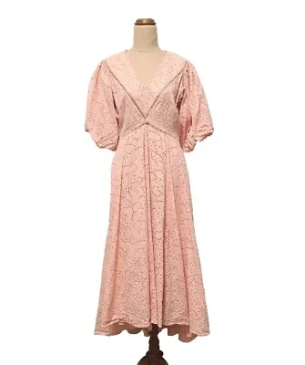 WITCHERY Size 10 Peach Cotton Broderie Puff Sleeve Maxi Dress • $59.99